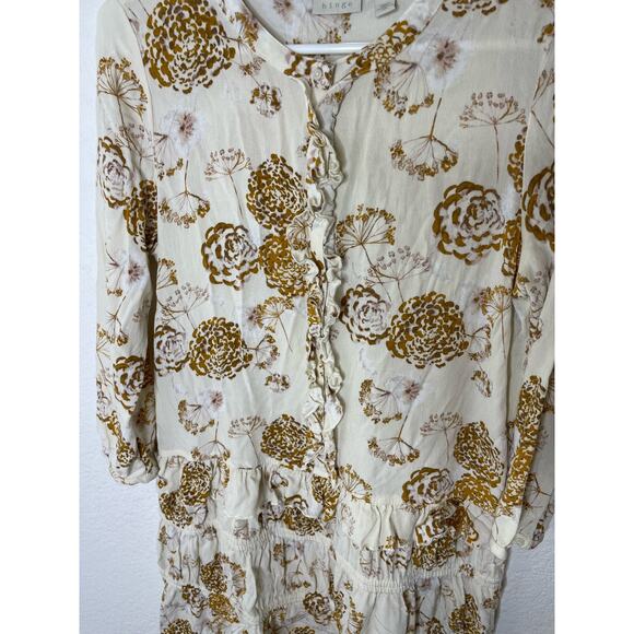 Hinge Ivory & Tan Floral Ruffle 3/4 Sleeve Dress size small - Picture 3 of 4